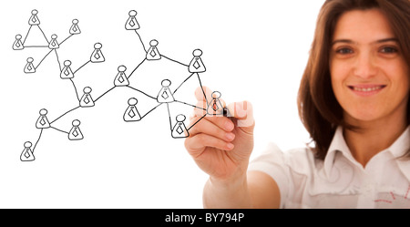 businesswoman drawing a social network scheme on a whiteboard (selective focus) Stock Photo