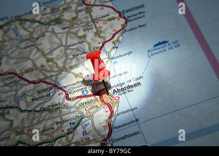 Map Pin pointing to Aberdeen, Scotland on a road map Stock Photo