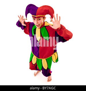 Full length studio shot of male Jester looking surprised. White background Stock Photo