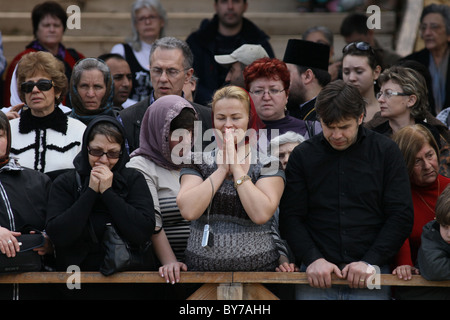 Christian pilgrims taking part in the Epiphany ceremony in the baptismal site Al-Maghtas officially known as Bethany considered to be the traditional site of the baptism of Jesus by John the Baptist located on the eastern bank of the Jordan River in Jordan Stock Photo