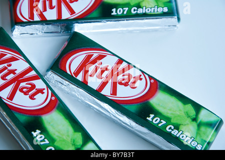 Three Kit Kat mint chocolate bars - a close up view. Stock Photo