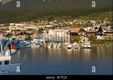 Ushuaia and Martial mountain range view from Beagle Channel, early morning, the Tierra del Fuego Province, Argentina Stock Photo