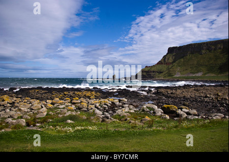Giant's Causeway, Northern Ireland, County Antrim in a sunny day with blue sky and waves crashing on the rocks Stock Photo