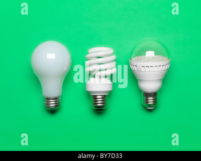 Three generations of light bulbs. Regular incandescent, energy saving fluorescent and LED isolated on green background Stock Photo