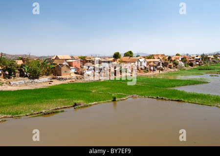 View of the housing and landscape on the outskirts of Antananarivo, the capital of Madagascar. Stock Photo