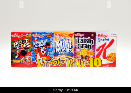 Variety pack of  Kellogg's cereal boxes on white background, cutout. Stock Photo