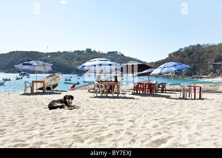 clustered beach umbrellas sheltering refreshment tables with view of   small boats in water azure sea & hills surrounding Puerto Angel village Mexico Stock Photo