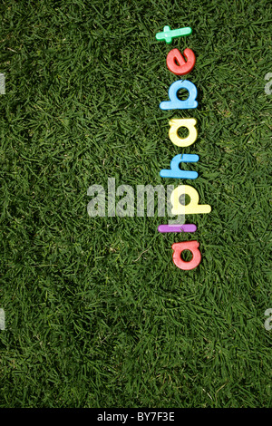 The word 'alphabet' spelled out in colourful plastic letters, on green grass, taken from a low angle Stock Photo