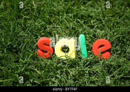The word 'sale' spelled out in colourful plastic letters, on green grass, taken from a low angle Stock Photo