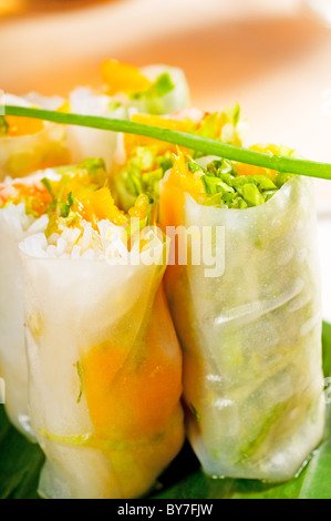 fresh tipycal vietnamese style summer rolls,on a palm leaf Stock Photo