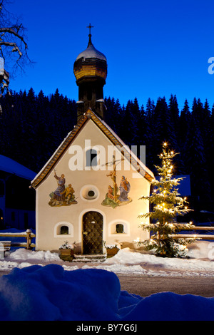 Chapel with illuminated christmas tree in Upper Bavaria, Bavaria ...