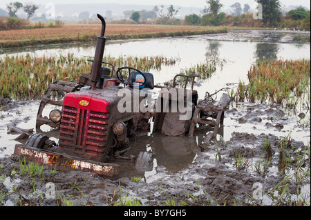 Indian tractor stuck in the rice paddy mud. Andhra Pradesh, India Stock ...
