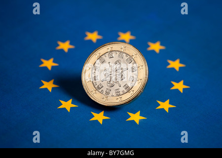 Portuguese Euro coin on the flag of the European Union Stock Photo