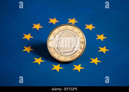 Belgian Euro coin on the flag of the European Union Stock Photo