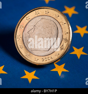 Belgian Euro coin on the flag of the European Union Stock Photo