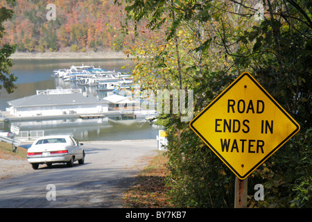 Tennessee,TN,South,Sparta,Center Hill Lake,Caney Fork River water,Sligo Marina,road,downhill,boat,car cars,road sign,warning,road ends in water,visito Stock Photo