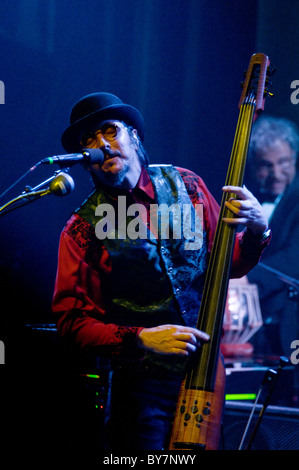 Les Claypool plays the upright bass while singing at the Fox Theatre in Boulder Colorado. Stock Photo