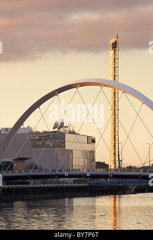 The Clyde Arc Bridge across the River Clyde and the Glasgow Tower, Glasgow, Scotland, UK. Stock Photo