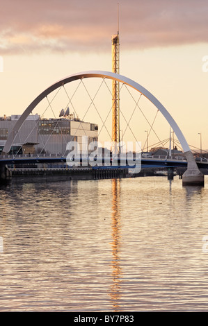 The Clyde Arc Bridge across the River Clyde and the Glasgow Tower, Glasgow, Scotland, UK. Stock Photo