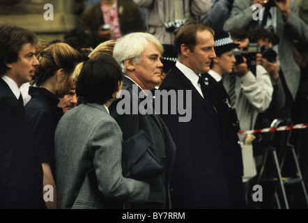 Actor Anthony Booth with daughter Cherie and Tony Blair at Pat Phoenix funeral 1986 Stock Photo