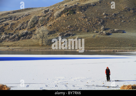 Winter walking on the frozen lake of lough Gur, Co Limerick, Republic of Ireland. Stock Photo