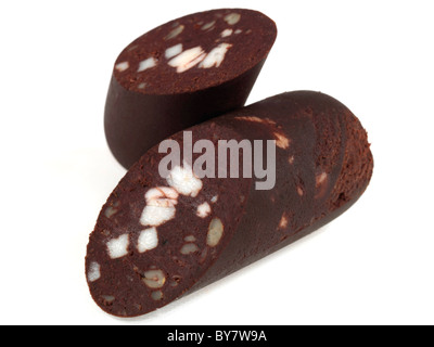 Fresh Authentic Breakfast Black Pudding Isolated Against A White Background With No People And A Clipping Path Stock Photo