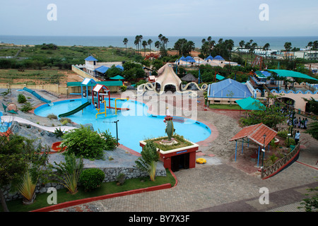 aerial view of different types of rides in bay watch water theme park,kanyakumari,tamilnadu,india. Stock Photo