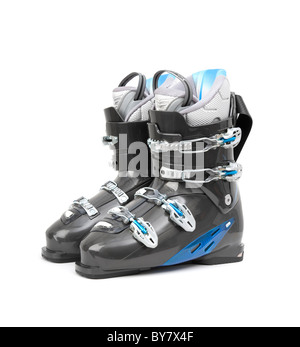 Brand new pair of ski boots isolated on white background Stock Photo