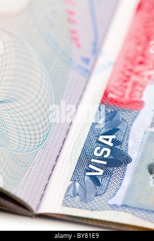 the macro shot of a U.S. visa on passport page Stock Photo