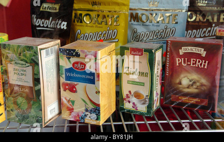 Polish tea and coffee on sale in a shop in Brighton Stock Photo