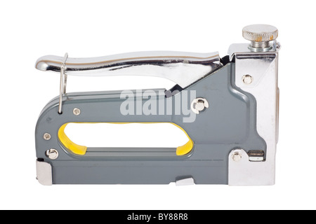 Heavy duty steel staple gun with yellow grip. Isolated on white background with clipping path. Stock Photo