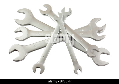Bunch of wrenches or spanners. Isolated on white background with clipping path. Stock Photo