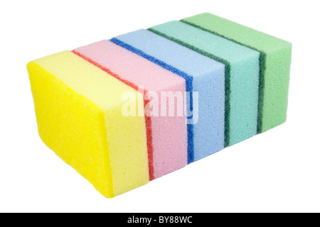 Five multi-colored kitchen sponges. Isolated on white background. Stock Photo