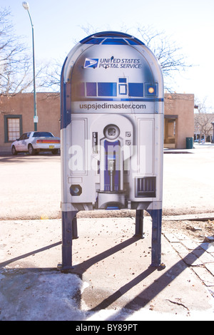 United States Post Office mail box on a street in Santa Fe NM made to look like robot, R2D2 from Star Wars movie. Stock Photo