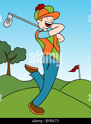 Cartoon of a man swinging his golf club on the course. Stock Photo