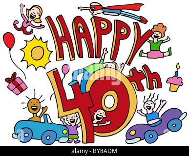 Happy 40th cartoon isolated on a white background. Stock Photo