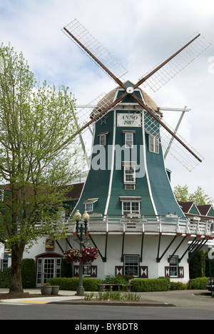 Lynden Dutch Village in Lynden, Washington with a full sized windmill - a historical small town in the United States of America. Stock Photo