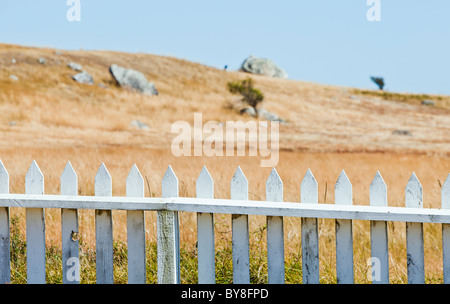 A white picket fence and landscape beyond at the American Camp National Historical Park, San Juan Island, Washington, USA. Stock Photo