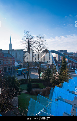 Coventry skyline with Whittle Arch on Millennium square and the Cathedral, seen from the Glass bridge. West Midlands, UK. Stock Photo