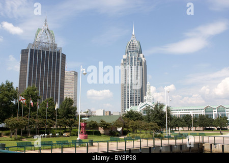 Mobile, Alabama's skyline looking northwest from the Cooper Riverside Park on the Mobile River. Stock Photo