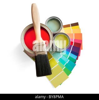 coloured swatches and paint pot and paintbrush on white background Stock Photo