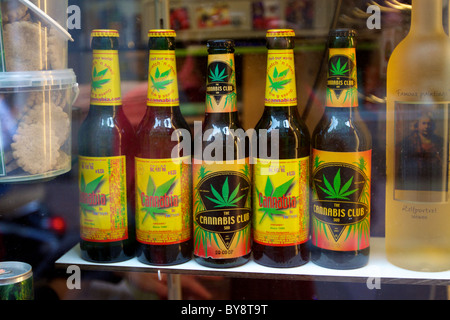 Marijuana related products at a display window in Amsterdam, North Holland Stock Photo