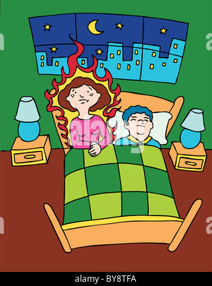 Menopausal woman wakes up in bed having a hot flash while her husband sleeps. Stock Photo