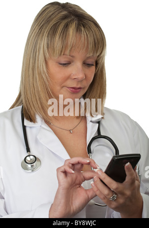 female doctor using mobile phone against a white background Stock Photo