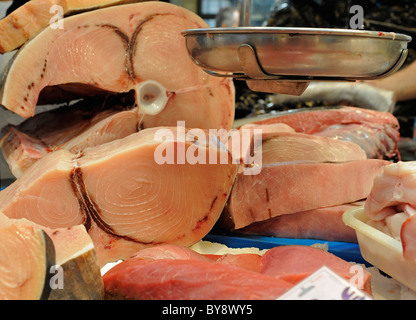 Tuna is pictured at a fish booth on a fish market in Jerez de la Frontera, southern Spain, on Thursday, Dec 30, 2010. Stock Photo