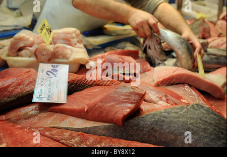 Red Tuna is pictured at a fish booth on a fish market in Jerez de la Frontera, southern Spain, on Thursday, Dec 30, 2010. Stock Photo