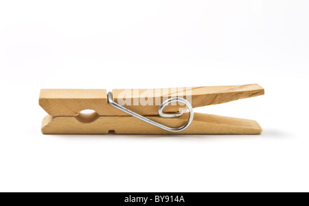 Wooden sprung Clothes Peg from low perspective isolated on white. Stock Photo