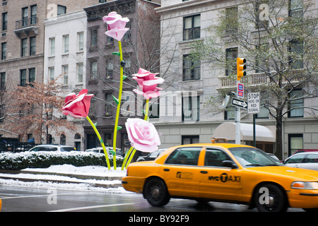 'Roses' by the artist Will Ryman is seen on a snowy Tuesday, January 25, 2011 installed on the Park Avenue medians in New York Stock Photo