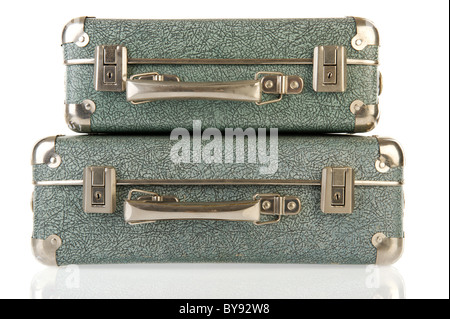 Old vintage carton suitcases isolated over white Stock Photo