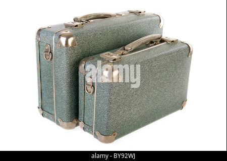 Old vintage carton suitcases isolated over white Stock Photo